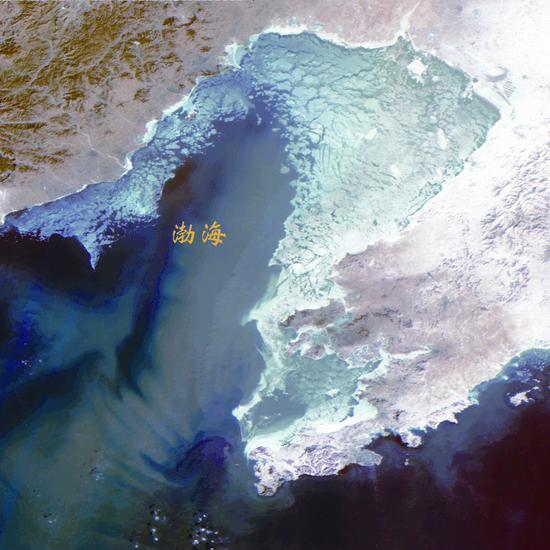 海洋一号a卫星拍摄的渤海海冰遥感影像图